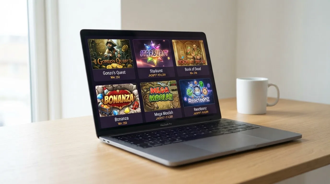 A laptop on a desk displaying a grid of slot game thumbnails in a casino lobby.