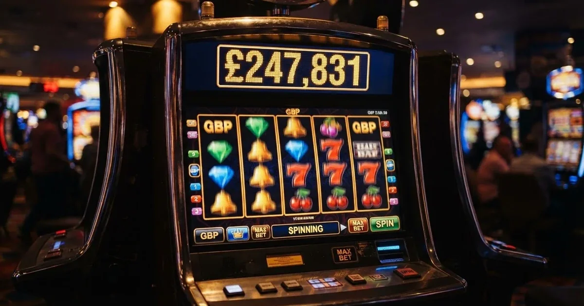 A slot game screen with a rising jackpot counter displayed above the reels.